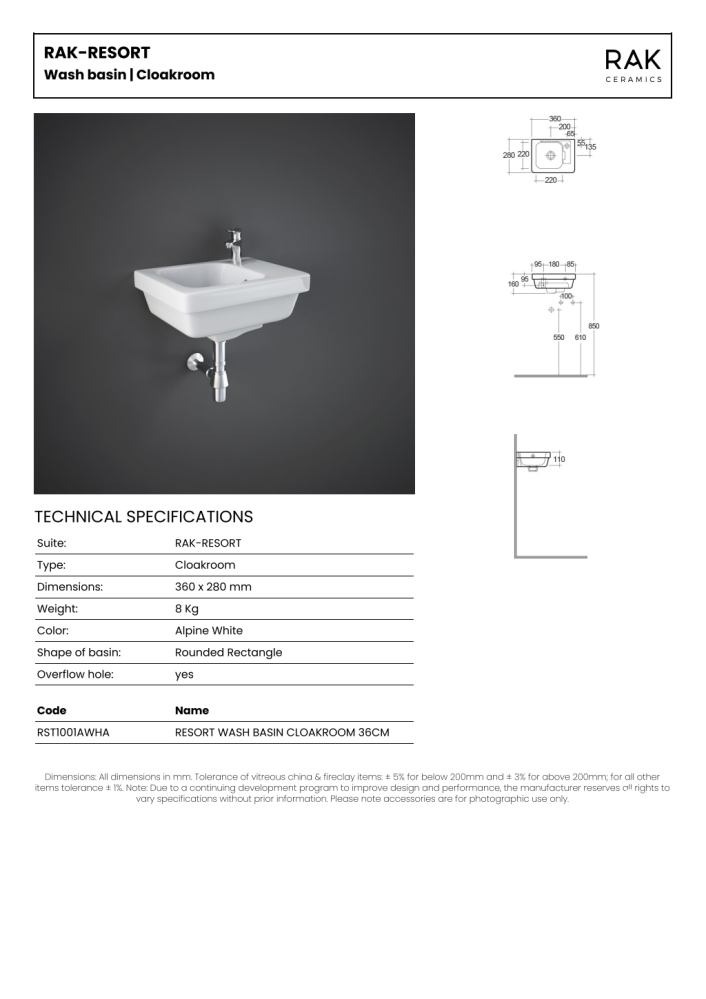RAK Resort 36cm Slimline Basin 1th Right Hand