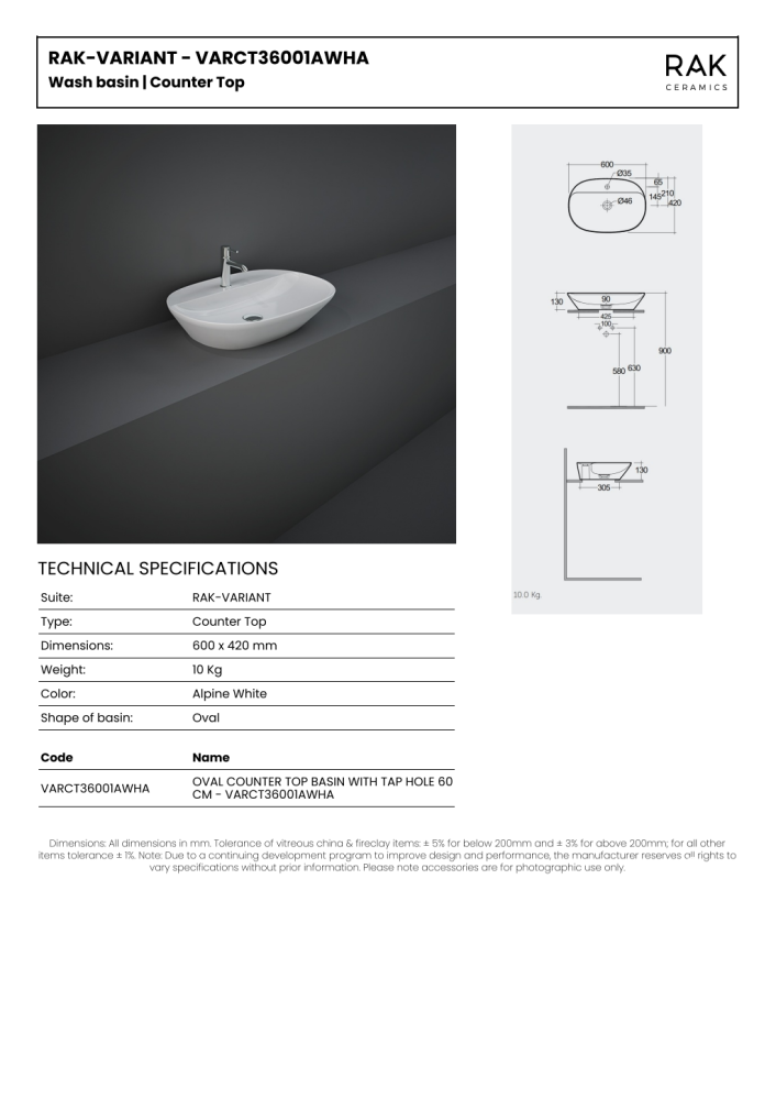 RAK Variant Elongated Oval Counter Top Wash Basin 60cm 1TH with Tap Ledge