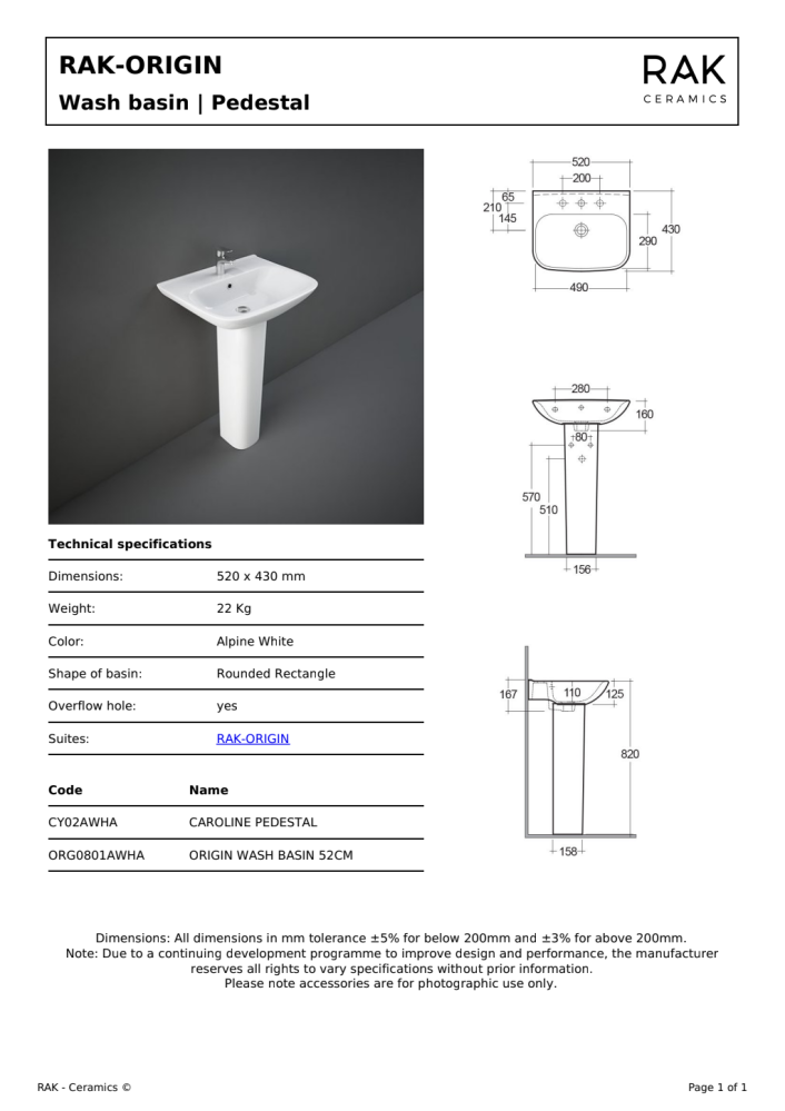 RAK Origin 52cm Basin 1th