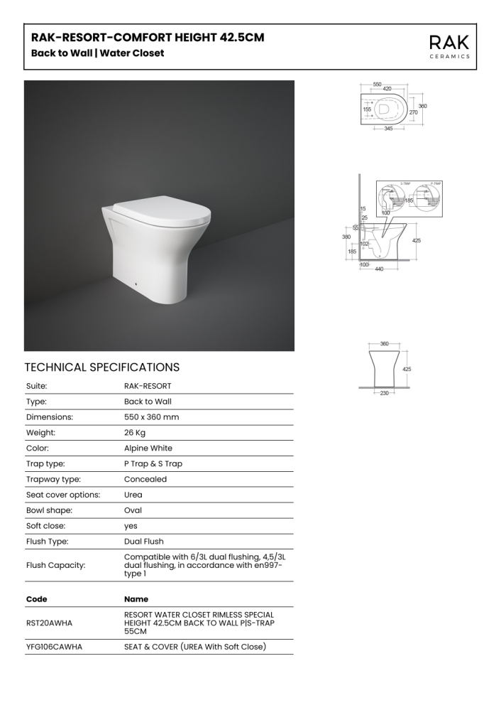 RAK-Resort Comfort Height 42.5cm Back to Wall Pan