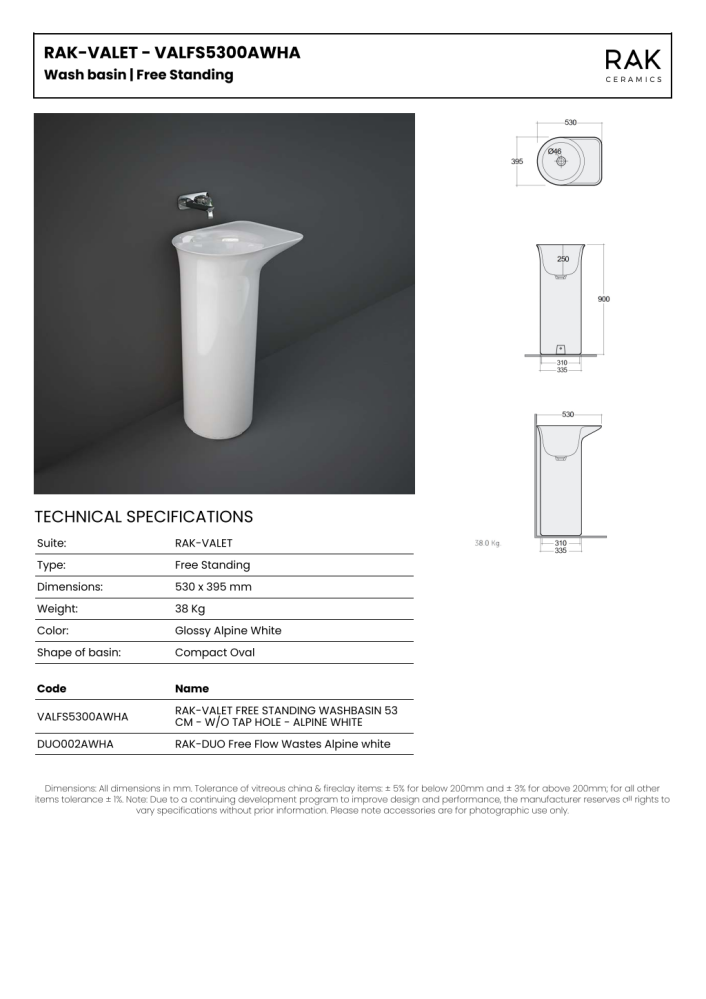 RAK Valet Freestanding Washbasin 530x395mm