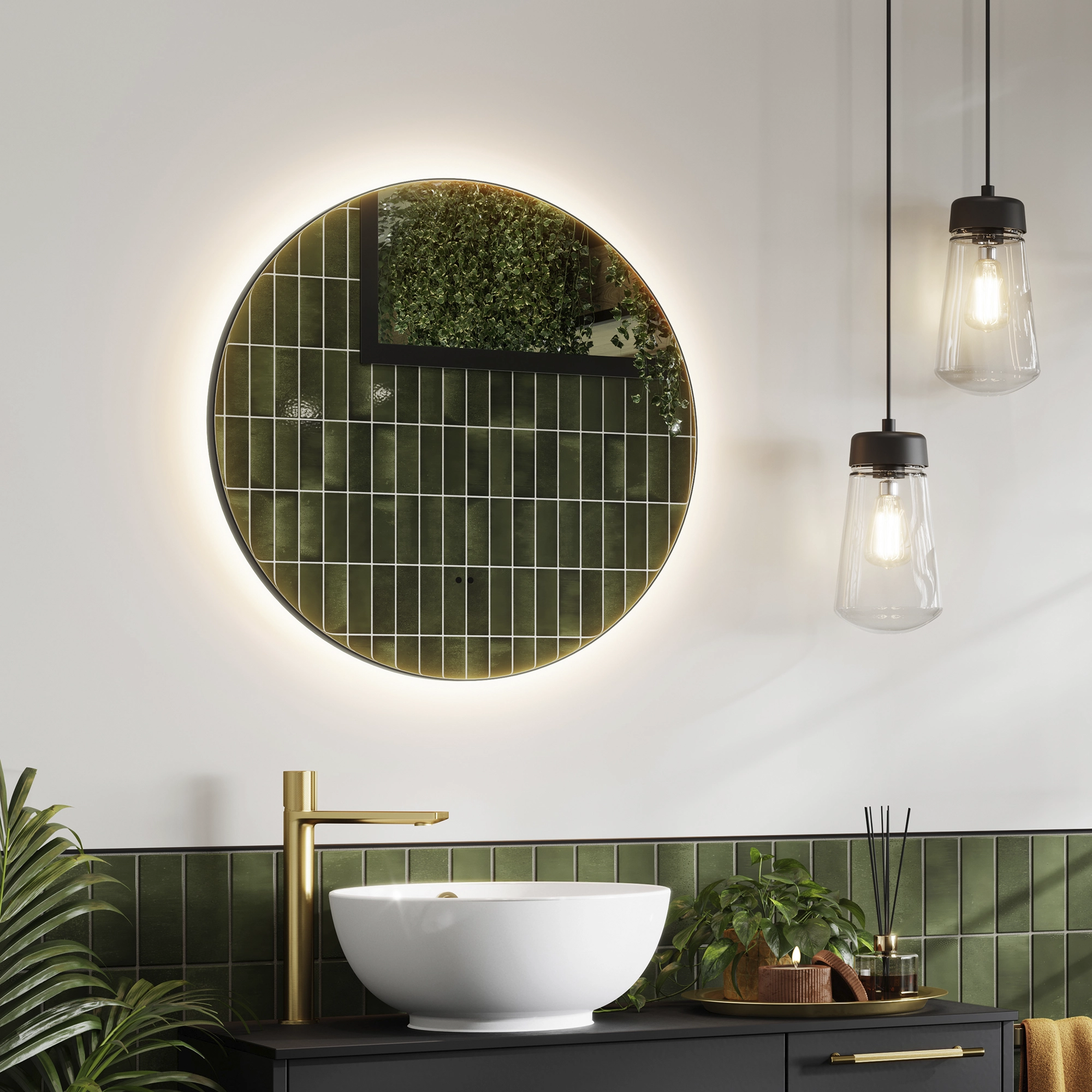 Arcane Round Illuminated Bathroom Mirror – 60 cm Black Wall Mounted