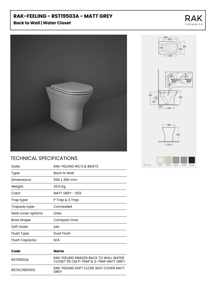 RAK Feeling Rimless BTW Pan Matt Grey 550 x 360mm & Soft Close Seat Matt Grey