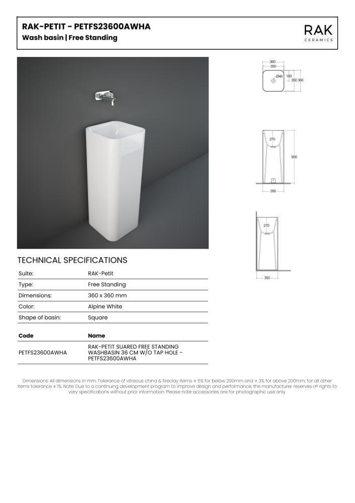 RAK Petit Square Free standing Wahs Basin 0th 360x360xH900mm