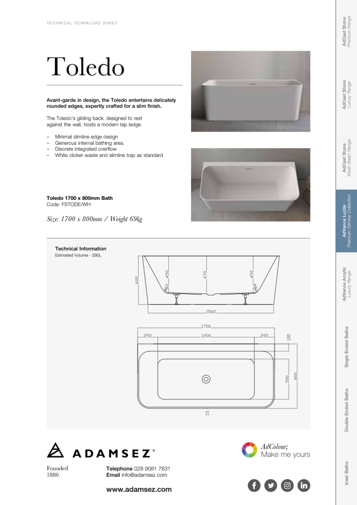 Adamsez Toledo Back-to-Wall Freestanding Acrylic Bath 1700 x 800mm — Double Ended White