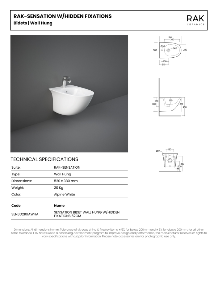 RAK Sensation Wall Hung Bidet 1th