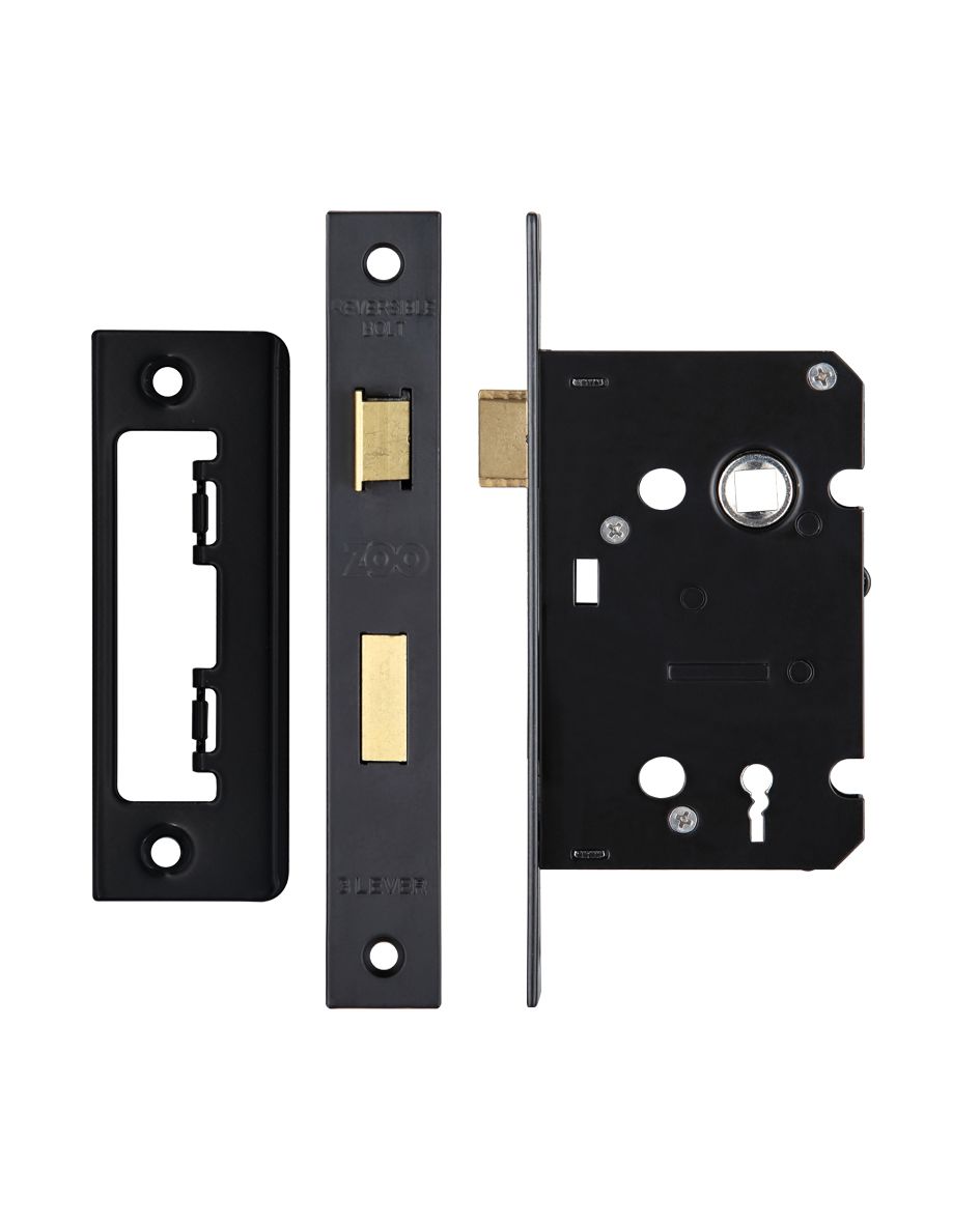 3 Lever Mortice Sashlock, 64mm - 57mm Centres, Square, Powder Coated Black Finish