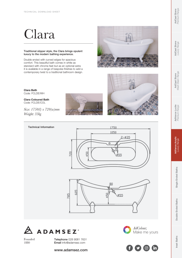 GS-fclde-wh Clara Traditional Freestanding Bath 1750 x 720mm — White with Chrome Ball & Claw Feet