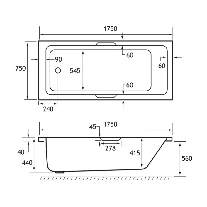 Eastbrook Portland Single Ended (SE) Twin Grip (TG) 1750 x 750 x 440mm Rectangular 5mm Bath - White
