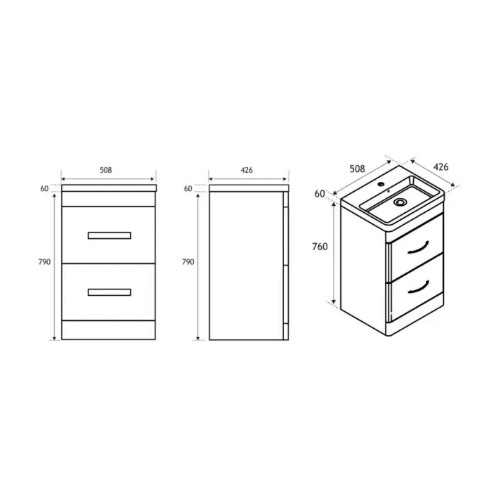 Eastbrook Cavone 50CM 2 Drawer Basin Vanity Unit - Matt Grey - Freestanding