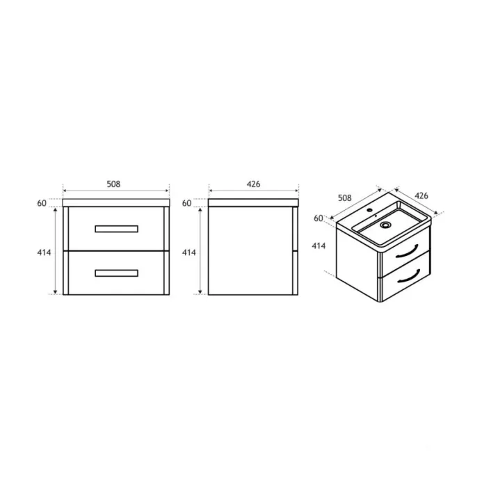 Eastbrook Cavone 50CM 2 Drawer Basin Vanity Unit - Matt Grey - Wall Hung