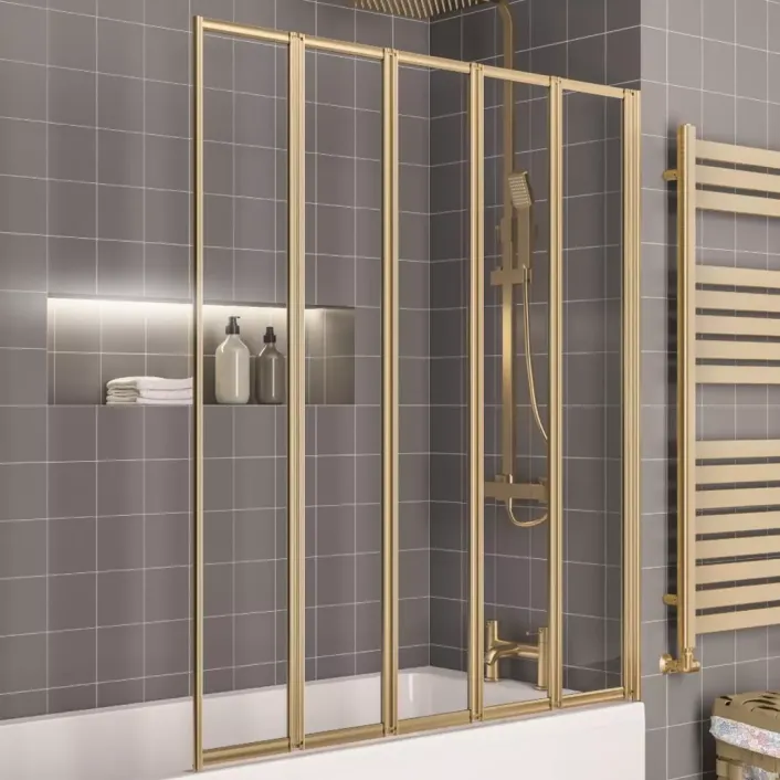 Eastbrook Volente 1400 x 1250mm Folding Bath Screen with 5 Fold Panels - Brushed Brass