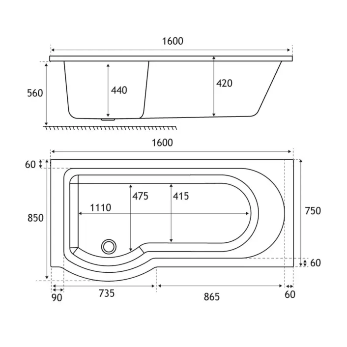 Eastbrook Portland 1600 x 850 x 440mm Left Hand (LH) P-Shaped 5mm Shower Bath - White