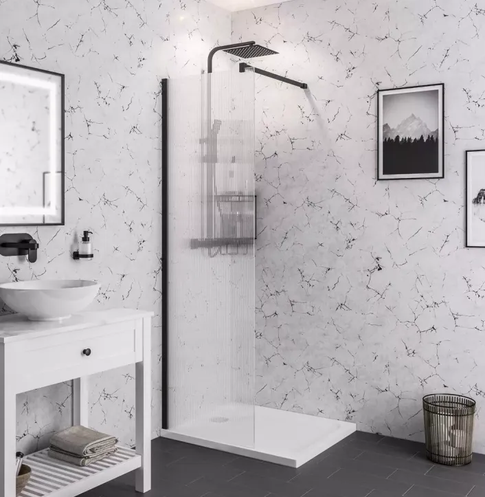Eastbrook Vantage 2000 8mm Easy Clean 2000x1600mm Walk-In Shower Panel with Fluted Glass - Black