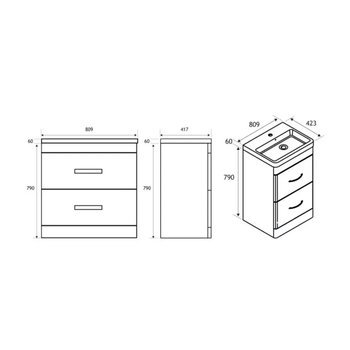Eastbrook Cavone 80CM 2 Drawer Basin Vanity Unit - Matt Grey