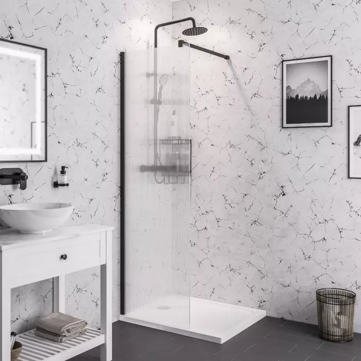 Eastbrook Vantage 2000 8mm Easy Clean 2000mm x 1000mm Walk-In Shower Panel with Fluted Glass - Matt Black