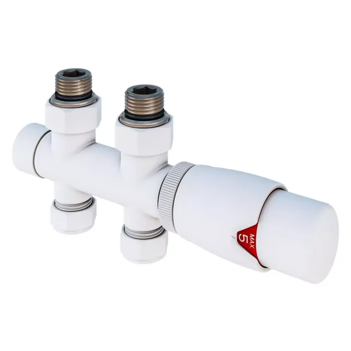 Eastbrook Straight Twin Inlet Thermostatic Radiator Valve 15mm Gloss White