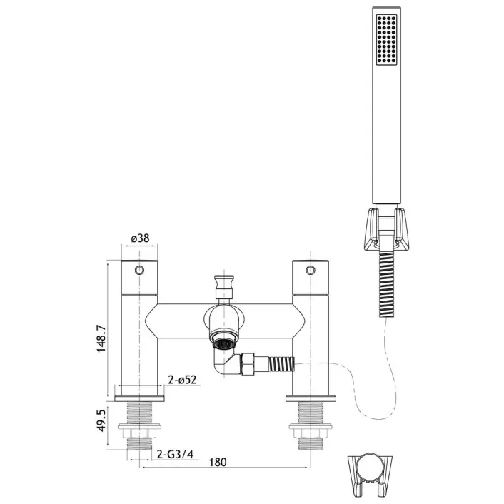 Eastbrook Meriden Bath Shower Mixer Tap with Handset, Hose and Holder Brushed Brass