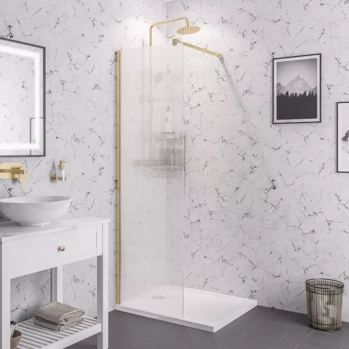 Eastbrook Vantage 2000 8mm Easy Clean 2000mm x 900mm Walk-In Shower Panel with Fluted Glass - Brushed Brass