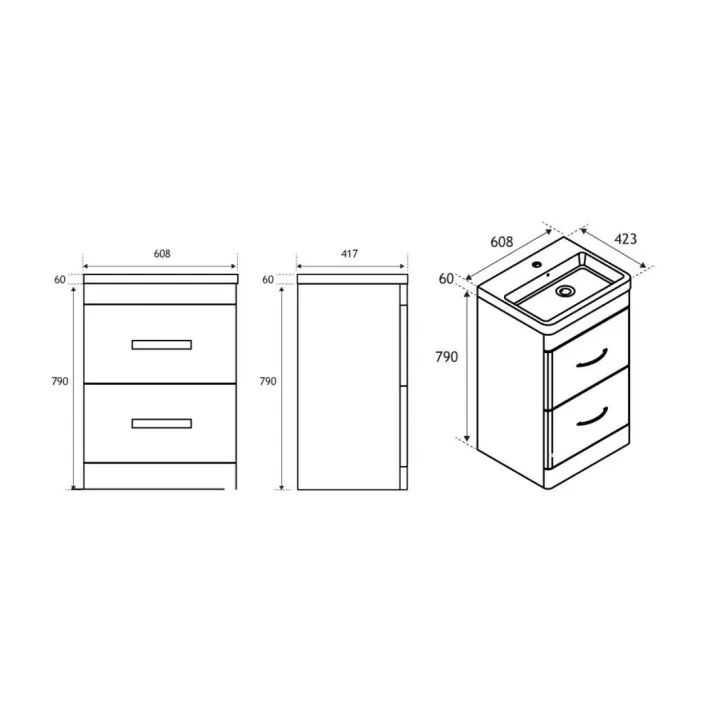 Eastbrook Cavone 60CM 2 Drawer Basin Vanity Unit - Matt Grey