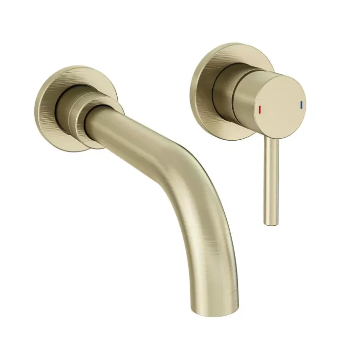 Eastbrook Meriden Wall Mounted Basin Mixer Tap with Curved Spout Brushed Brass