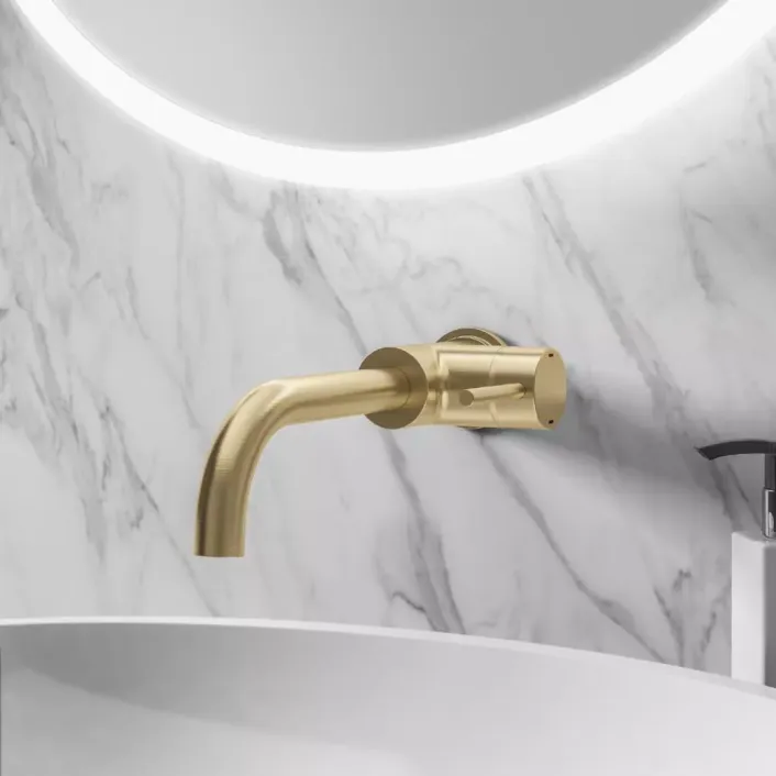 Eastbrook Meriden Wall Mounted Curved Spout Basin Mixer Tap with Single Lever Side Action - Brushed Brass