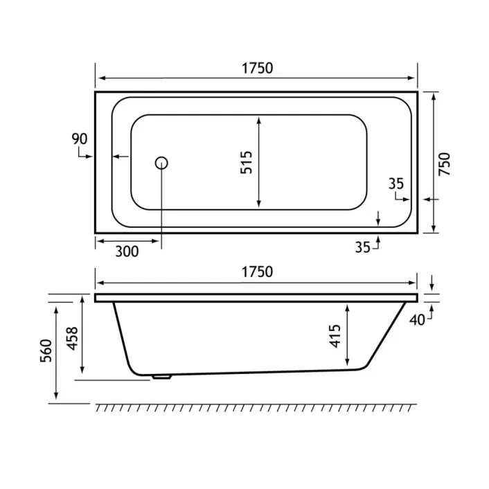Eastbrook Malin Single Ended (SE) 1750 x 750 x 440mm Rectangular 5mm Bath - White