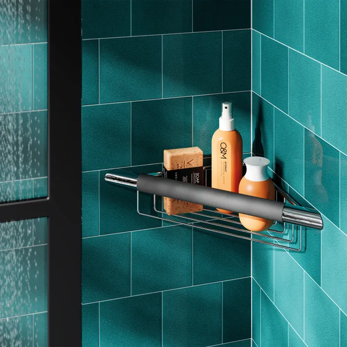hib. Corner Shower Basket with Rubber Grab Bar