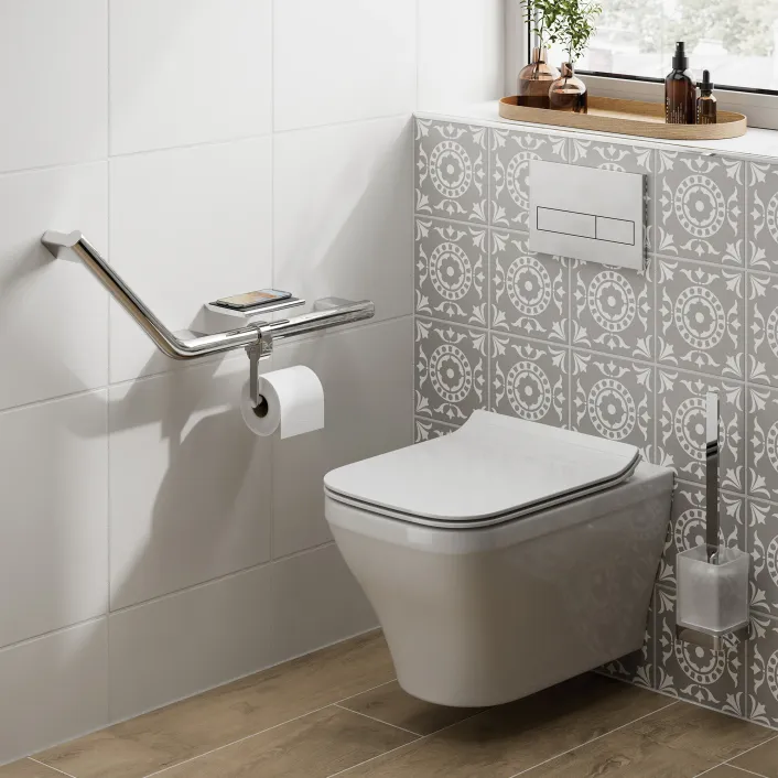 hib. Angled Grab Bar with Toilet Roll Holder and Shelf with Anti-Slip Mat