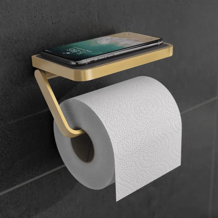 hib. Toilet Roll Holder with Shelf & Anti-slip Mat - Brushed Brass