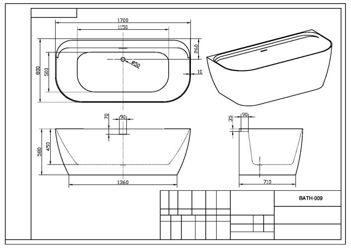 Scudo Bay Back to Wall Bath, Matt Clay — 1700 x 800mm