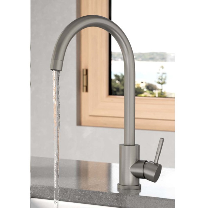 Scudo Manhattan Single Lever Kitchen Mixer Tap, Swivel Spout, Brushed Stainless Steel