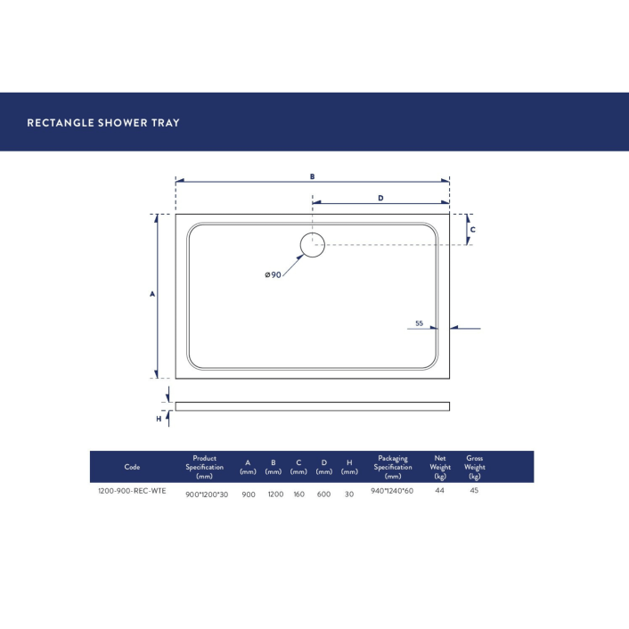 Scudo Eco-Stone Rectangular Shower Tray, 30mm, White — 1200 x 700mm