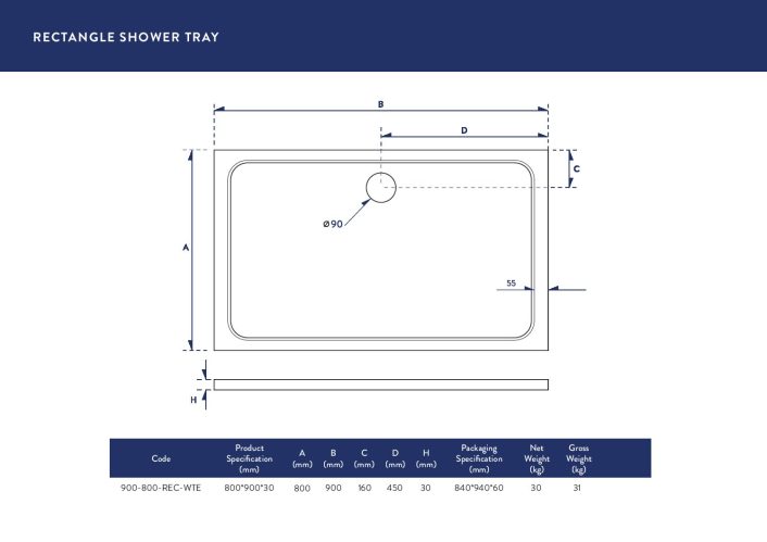Scudo Eco-Stone Rectangular Shower Tray, 30mm, White — 900 x 800mm