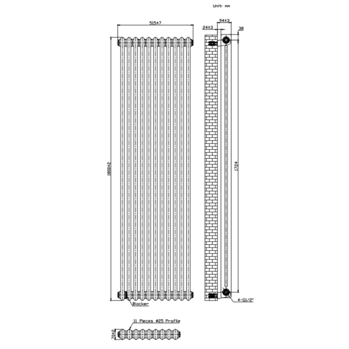 Scudo Foundry Column Radiator, 2 Column, 11 Sections, 1800 x 515mm — White