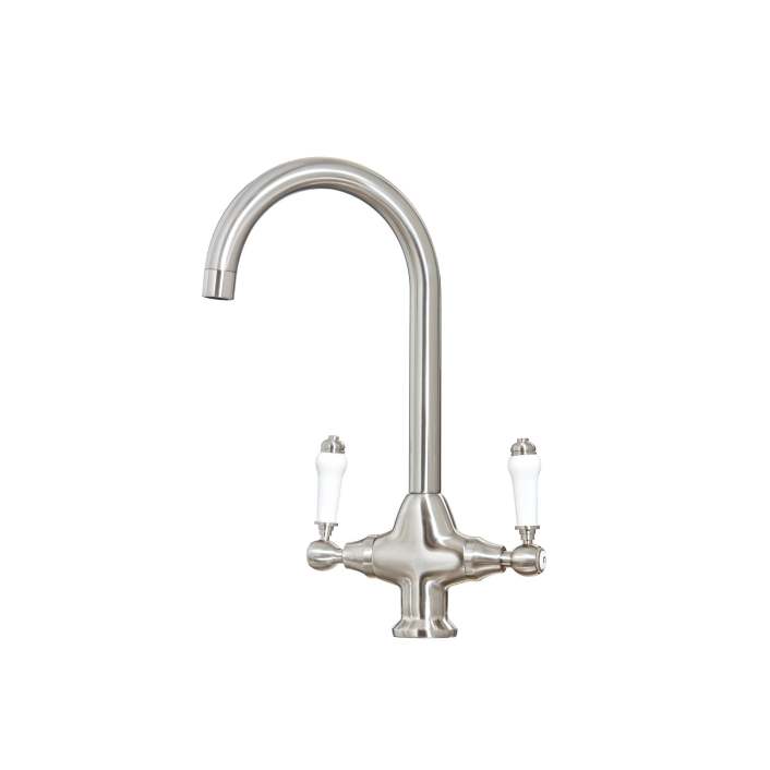 Scudo Harrogate Twin Lever Kitchen Mixer Tap, Swivel Spout, Brushed Nickel