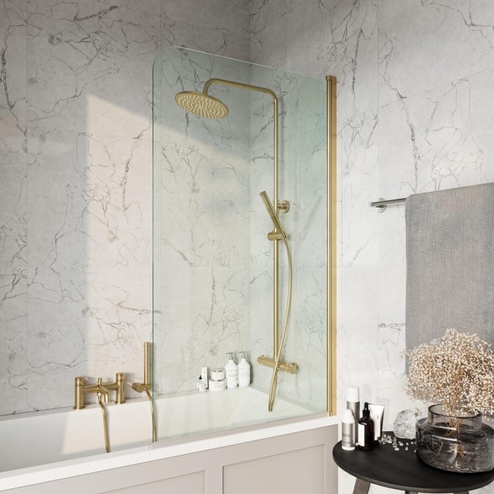 Scudo S6 Radius Bath Screen, Brushed Brass — 1400 x 800mm