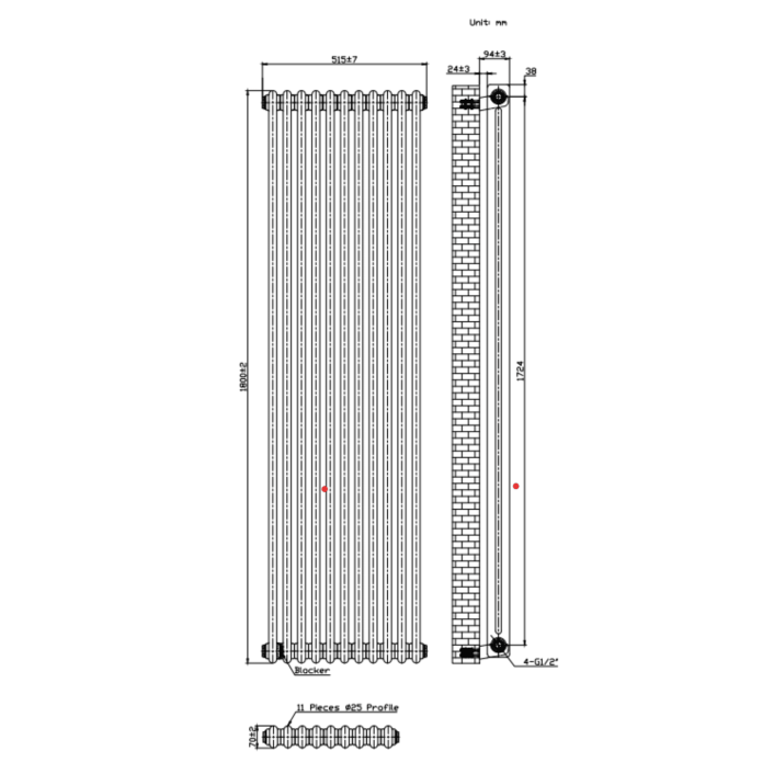 Scudo Foundry Column Radiator, 2 Column, 11 Sections, 1800 x 515mm — White