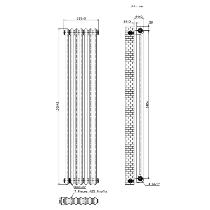 Scudo Foundry Column Radiator, 2 Column, 7 Sections, 1500 x 335mm — White
