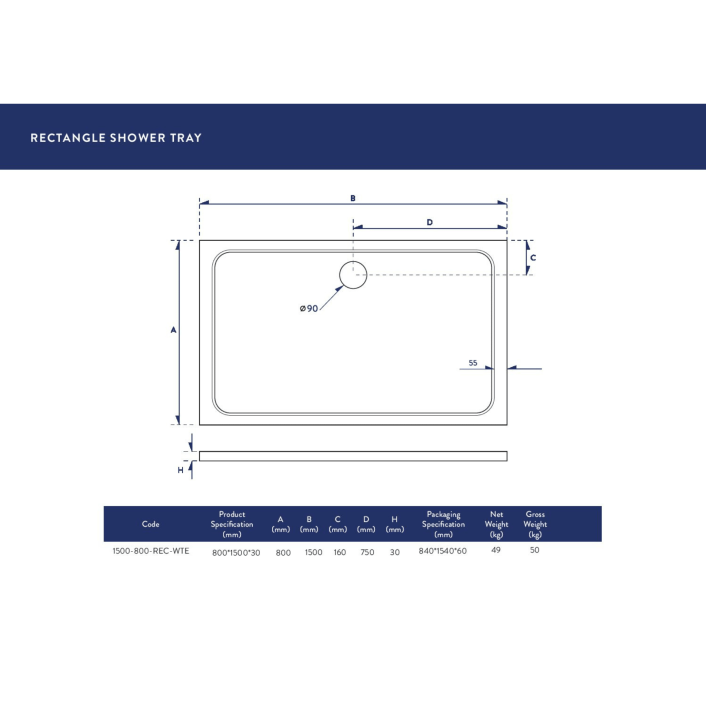 Scudo Eco-Stone Rectangular Shower Tray, 30mm, White — 1200 x 700mm