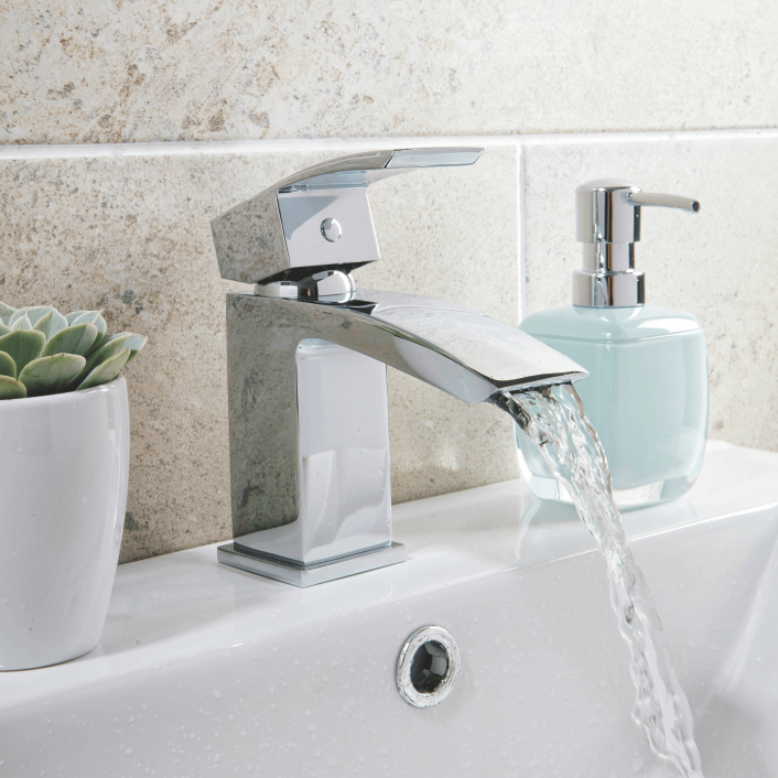 Scudo Descent Mini Mono Basin Mixer, Chrome, with Push Waste