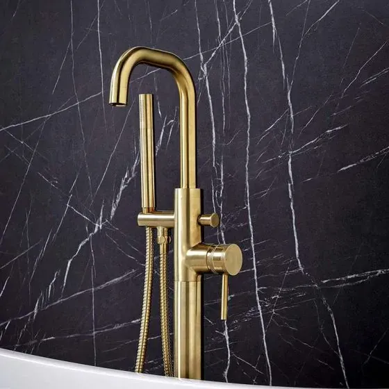 Scudo Core Freestanding Bath Shower Mixer, Brushed Brass