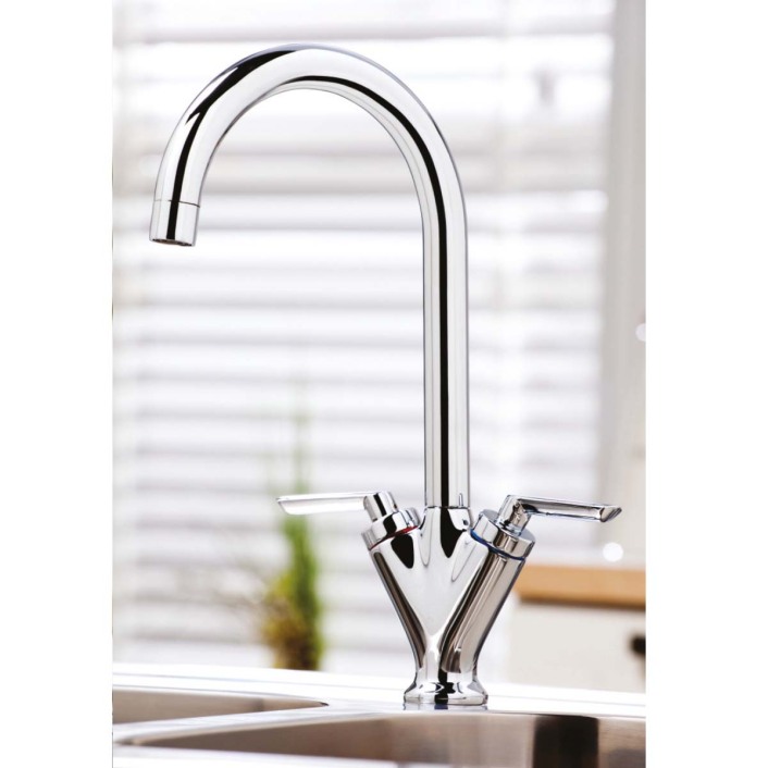 Scudo Olicana Twin Lever Kitchen Mixer Tap, Swivel Spout, Chrome