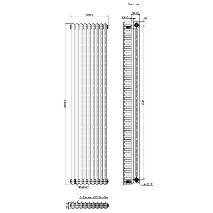 Scudo Foundry Column Radiator, 2 Column, 11 Sections, 1800 x 515mm — White
