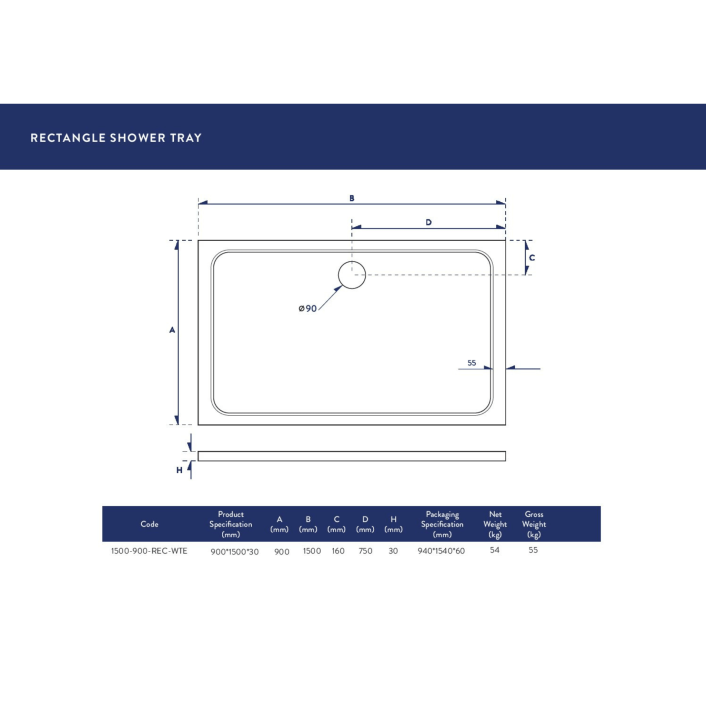 Scudo Eco-Stone Rectangular Shower Tray, 30mm, White — 1200 x 700mm