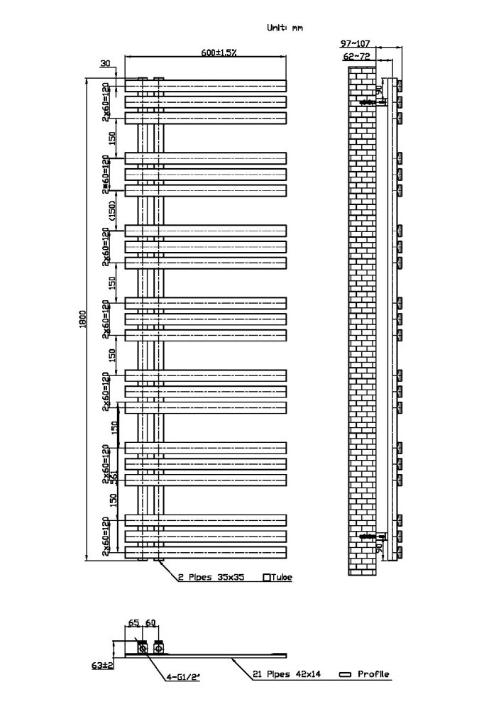 Scudo Elizabeth Designer Towel Rail, 1800 x 600 — Anthracite