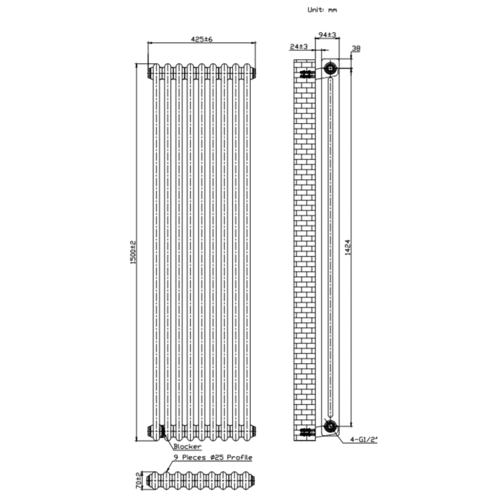 Scudo Foundry Column Radiator, 2 Column, 7 Sections, 1500 x 335mm — White