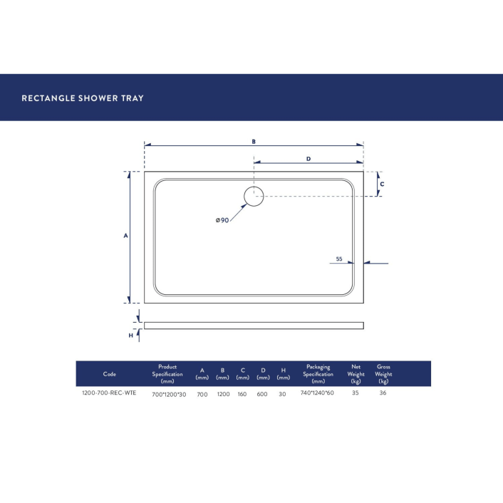 Scudo Eco-Stone Rectangular Shower Tray, 30mm, White — 1200 x 700mm