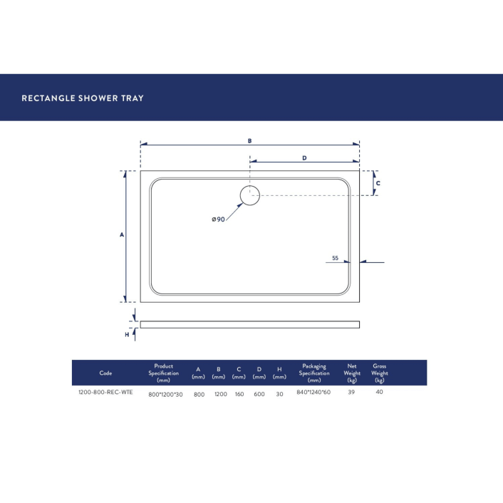 Scudo Eco-Stone Rectangular Shower Tray, 30mm, White — 1200 x 700mm
