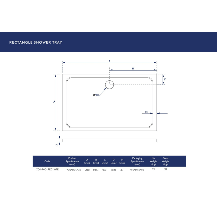 Scudo Eco-Stone Rectangular Shower Tray, 30mm, White — 1200 x 700mm